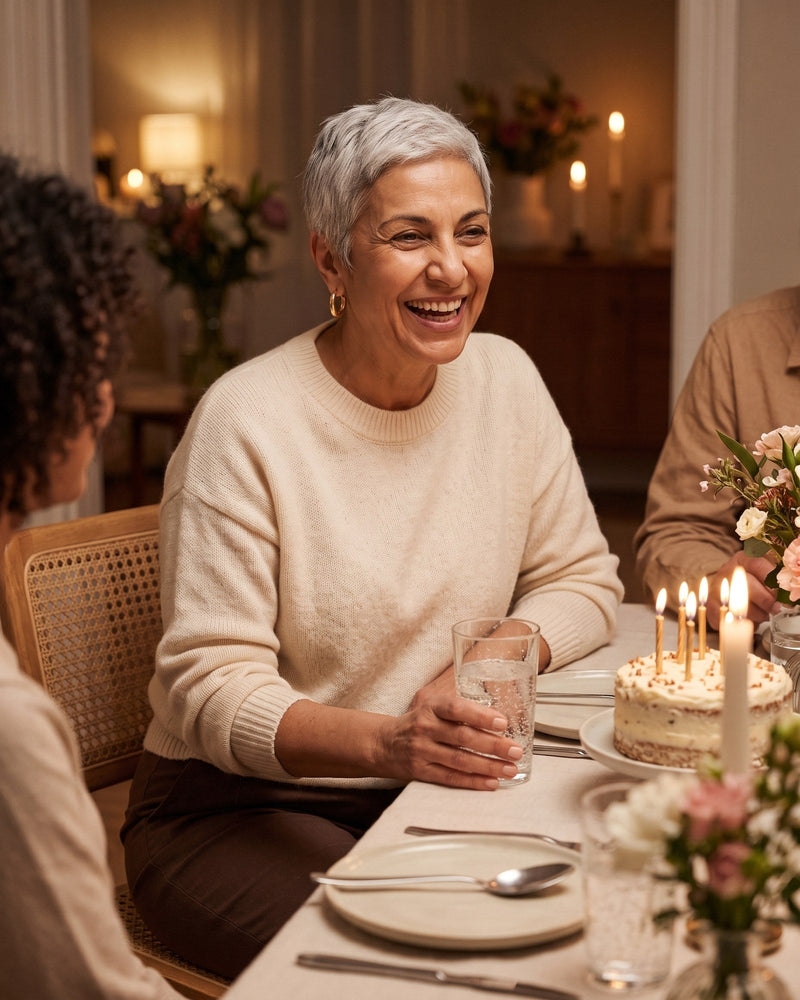 Laughing at a birthday dinner with friends